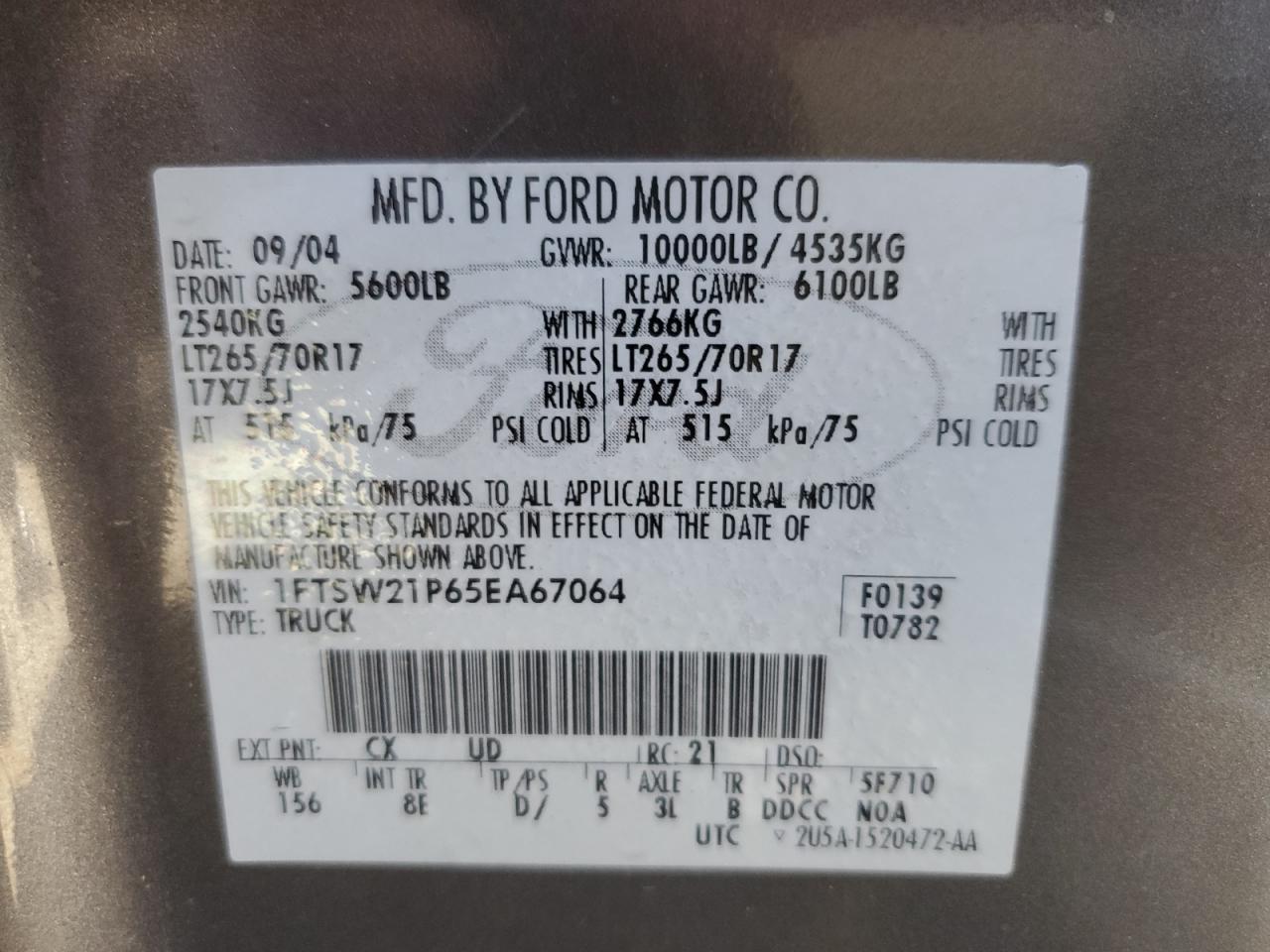 2005 Ford F250 VIN 1FTSW21P65EA67064 Copart auction photo, burn - engine / burn - interior damage thumbnail 12