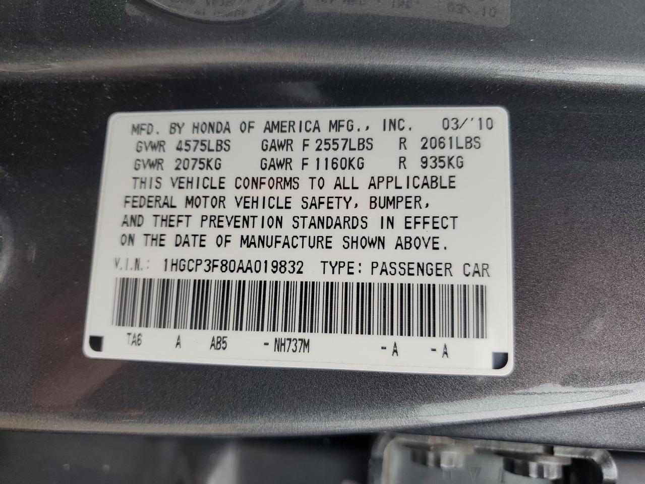 2010 Honda Accord VIN 1HGCP3F80AA019832 Copart auction photo, front end damage thumbnail 13