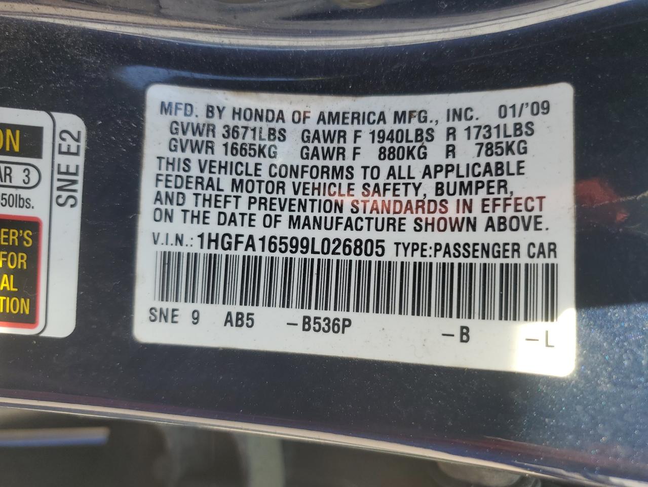 2009 Honda Civic VIN 1HGFA16599L026805 Copart auction photo, front end damage thumbnail 13
