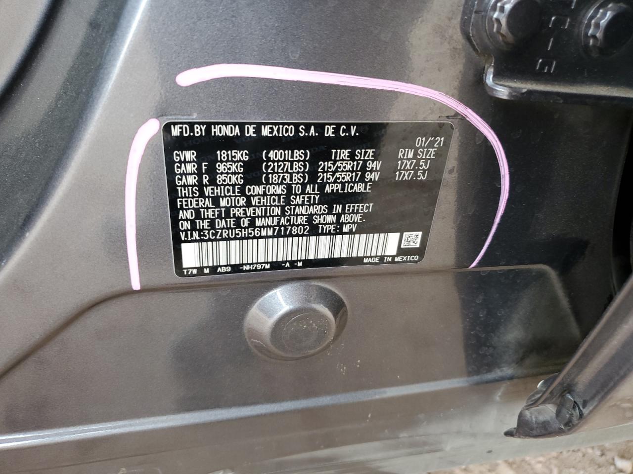 2021 Honda HR-V VIN 3CZRU5H56MM717802 Copart auction photo, all over damage thumbnail 14