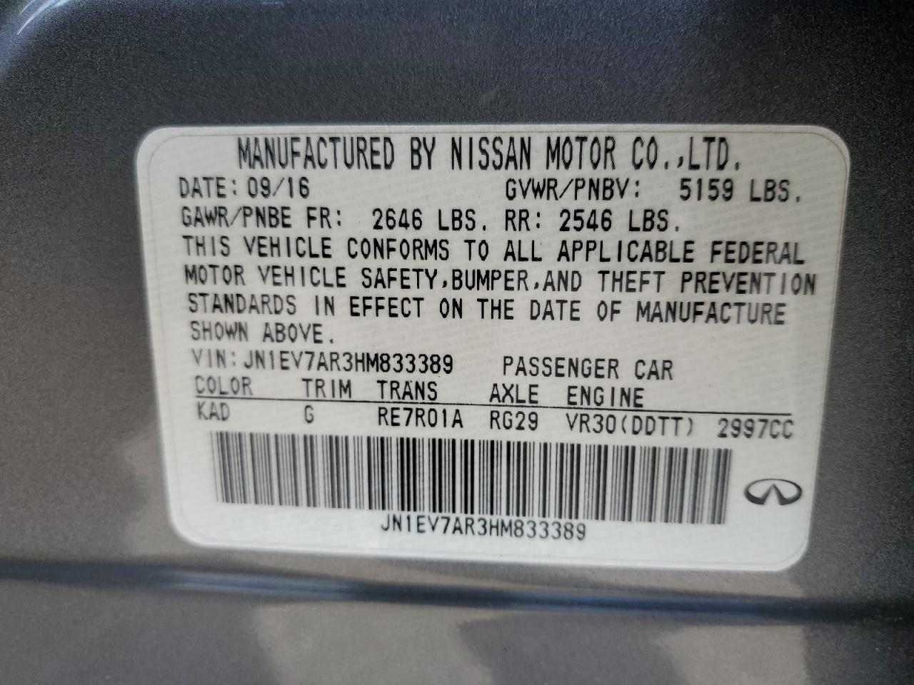 2017 Infiniti Q50 VIN JN1EV7AR3HM833389 Copart auction photo, side / front end damage thumbnail 14