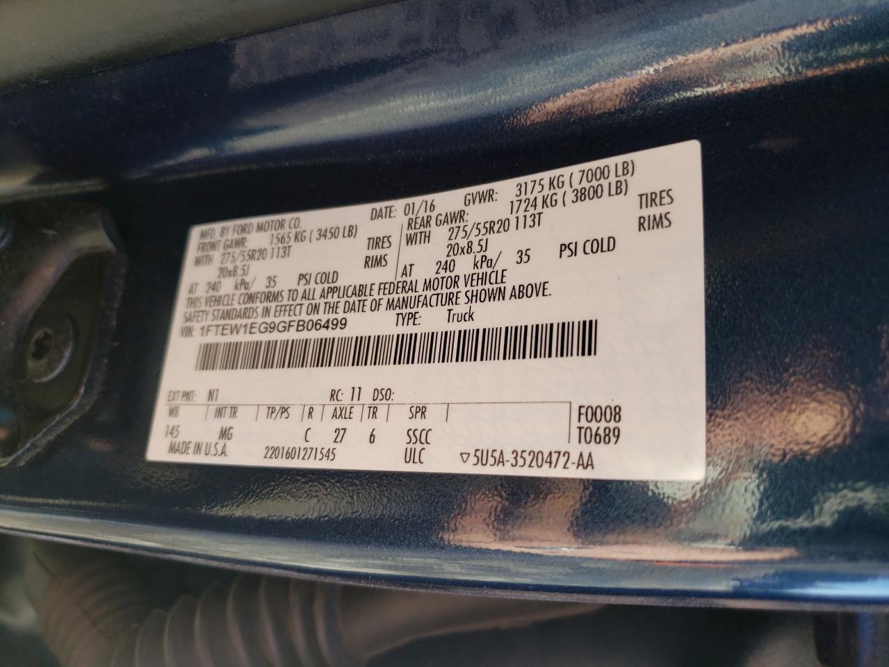 2016 Ford F-150 VIN 1FTEW1EG9GFB06499 Copart auction photo, rear end damage thumbnail 12
