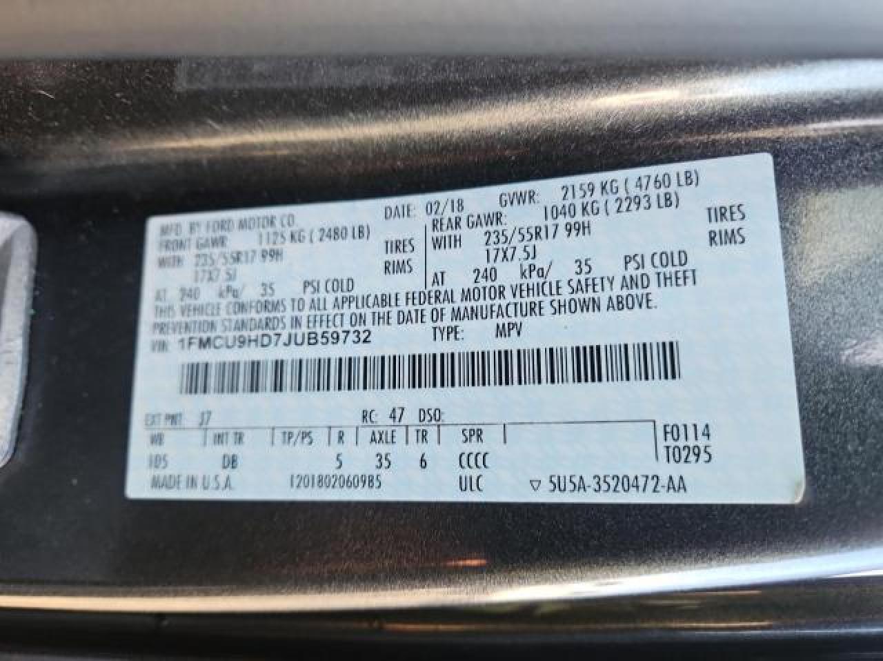 2018 Ford Escape VIN 1FMCU9HD7JUB59732 Copart auction photo, normal wear / minor dent/scratches damage thumbnail 10