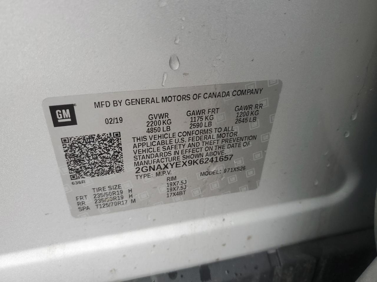 2019 Chevrolet Equinox VIN 2GNAXYEX9K6241657 Copart auction photo, rear end / front end damage thumbnail 13