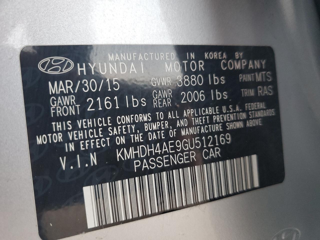 2016 Hyundai Elantra VIN KMHDH4AE9GU512169 Copart auction photo, front end / hail damage thumbnail 13