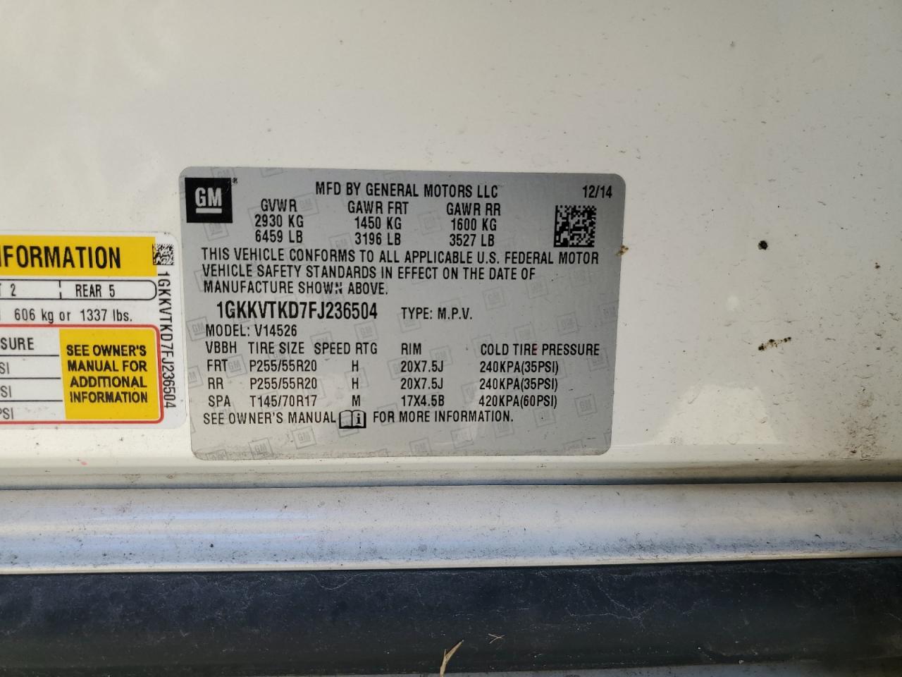2015 GMC Acadia VIN 1GKKVTKD7FJ236504 Copart auction photo, front end damage thumbnail 13
