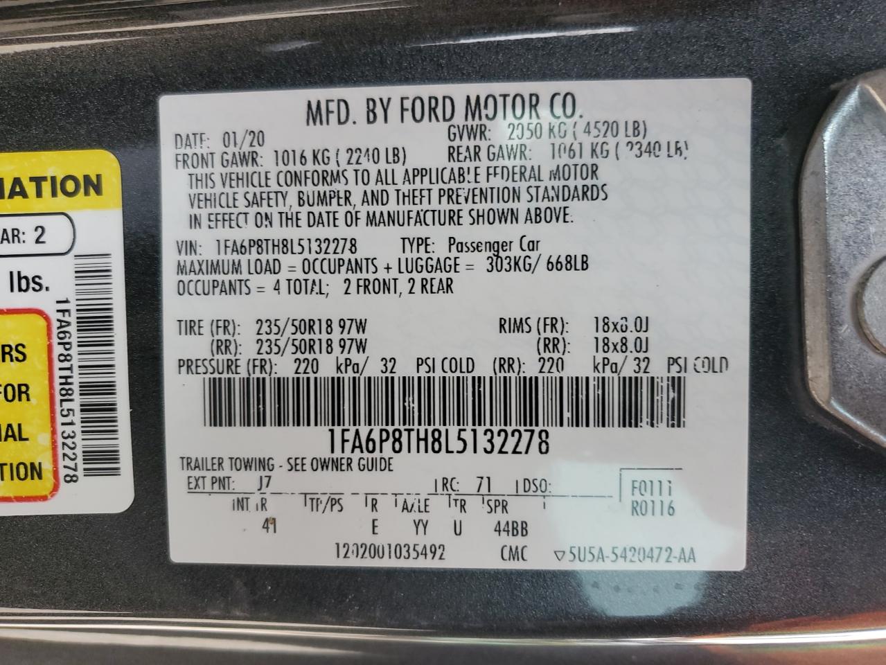 2020 Ford Mustang VIN 1FA6P8TH8L5132278 Copart auction photo, front end damage thumbnail 15