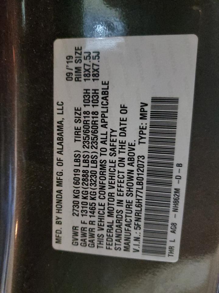 2020 Honda Odyssey VIN 5FNRL6H77LB012073 Copart auction photo, front end / side damage thumbnail 13