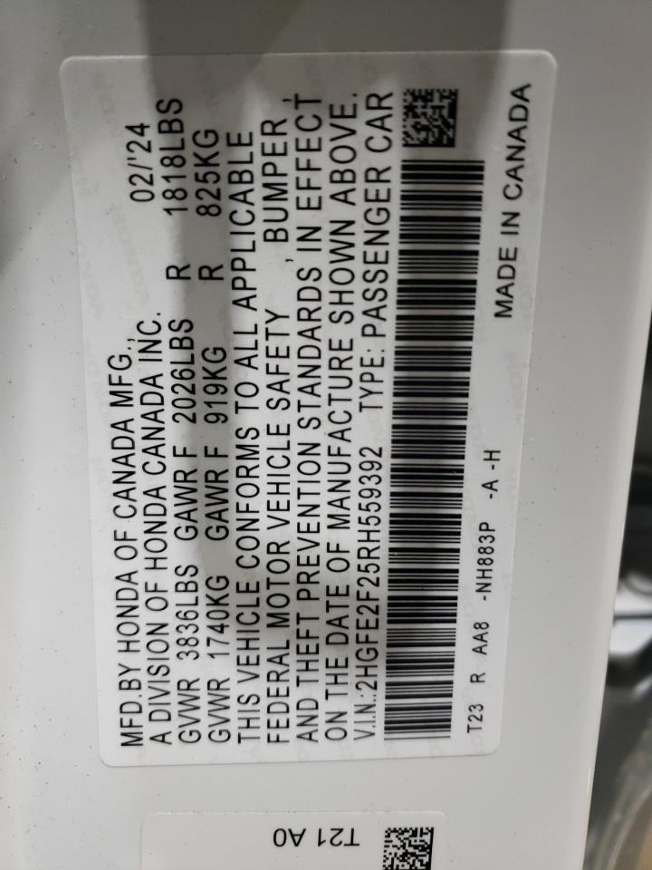 2024 Honda Civic VIN 2HGFE2F25RH559392 Copart auction photo, front end / hail damage thumbnail 13