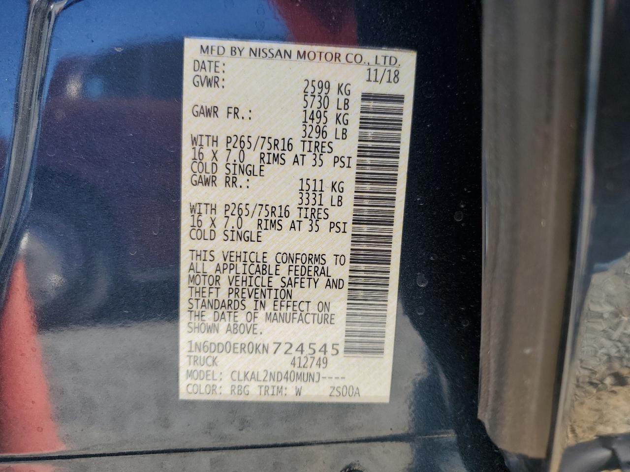 2019 Nissan Navara (Frontier) VIN 1N6DD0ER0KN724545 Copart auction photo, rear end damage thumbnail 13