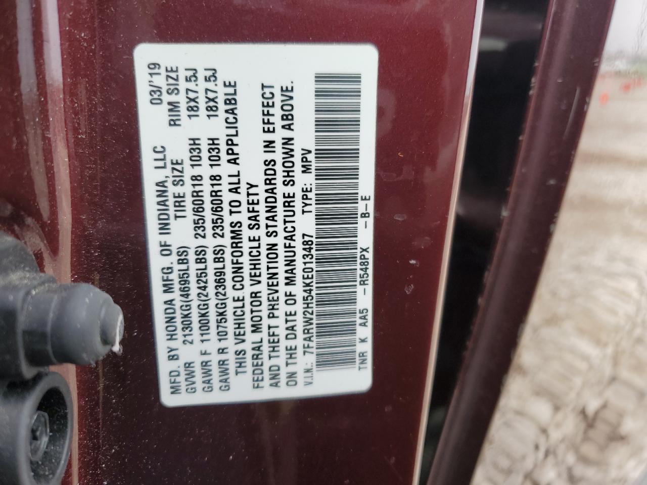 2019 Honda CR-V VIN 7FARW2H54KE013487 Copart auction photo, front end damage thumbnail 13