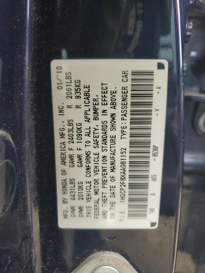 2010 Honda Accord VIN 1HGCP2F8XAA081152 Copart auction photo, side damage thumbnail 12