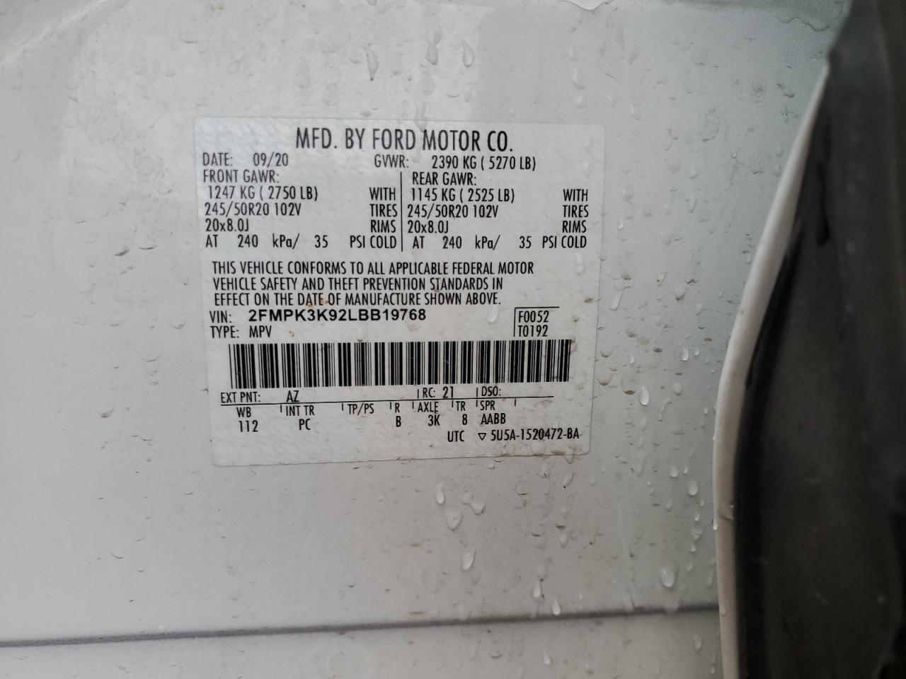 2020 Ford Edge VIN 2FMPK3K92LBB19768 Copart auction photo, rear end damage thumbnail 14