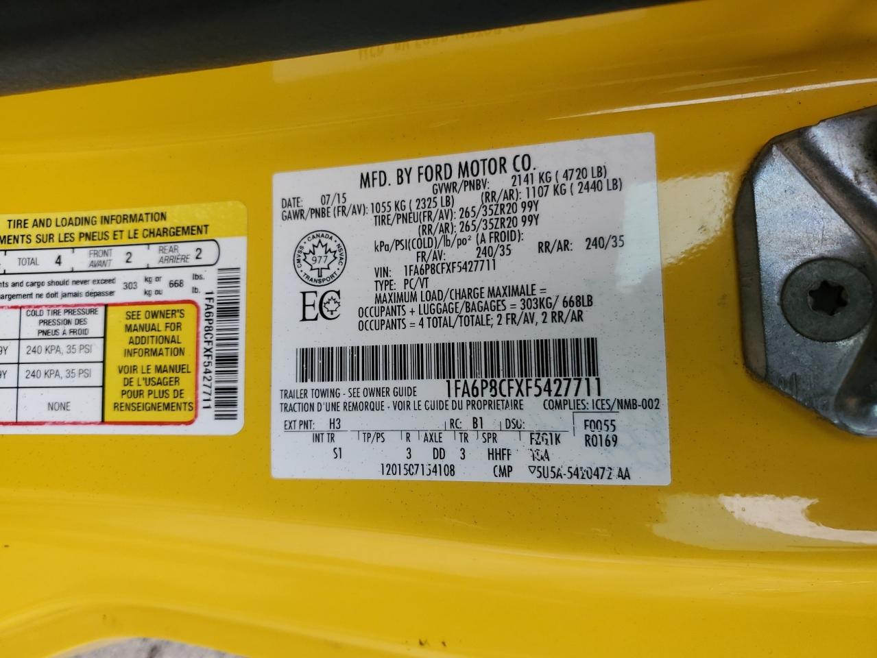 2015 Ford Mustang VIN 1FA6P8CFXF5427711 Copart auction photo, front end damage thumbnail 14