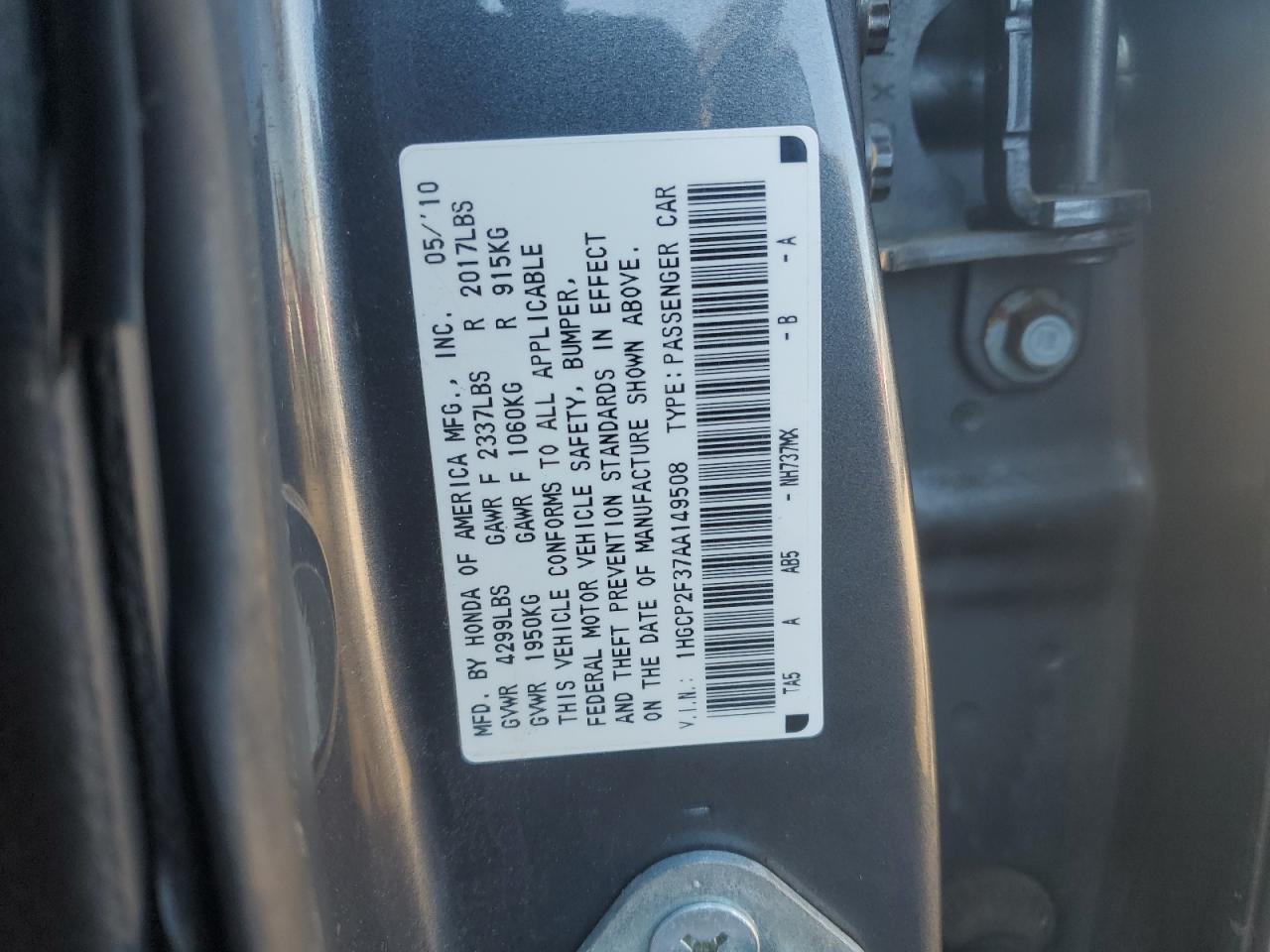 2010 Honda Accord VIN 1HGCP2F37AA149508 Copart auction photo, rear end damage thumbnail 12