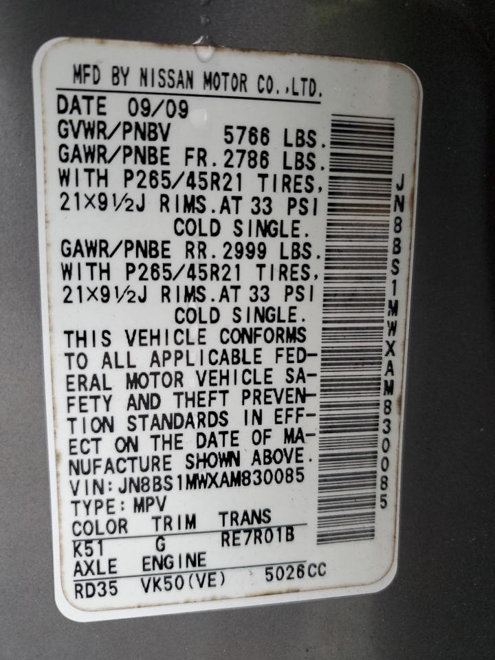 2010 Infiniti FX VIN JN8BS1MWXAM830085 Copart auction photo, all over / mechanical damage thumbnail 15