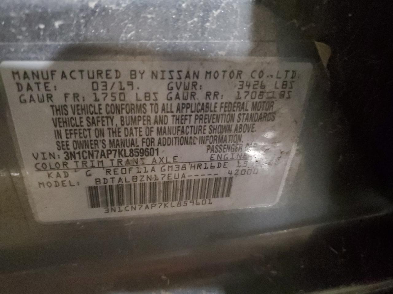 2019 Nissan Versa VIN 3N1CN7AP7KL859601 Copart auction photo, front end / undercarriage damage thumbnail 14