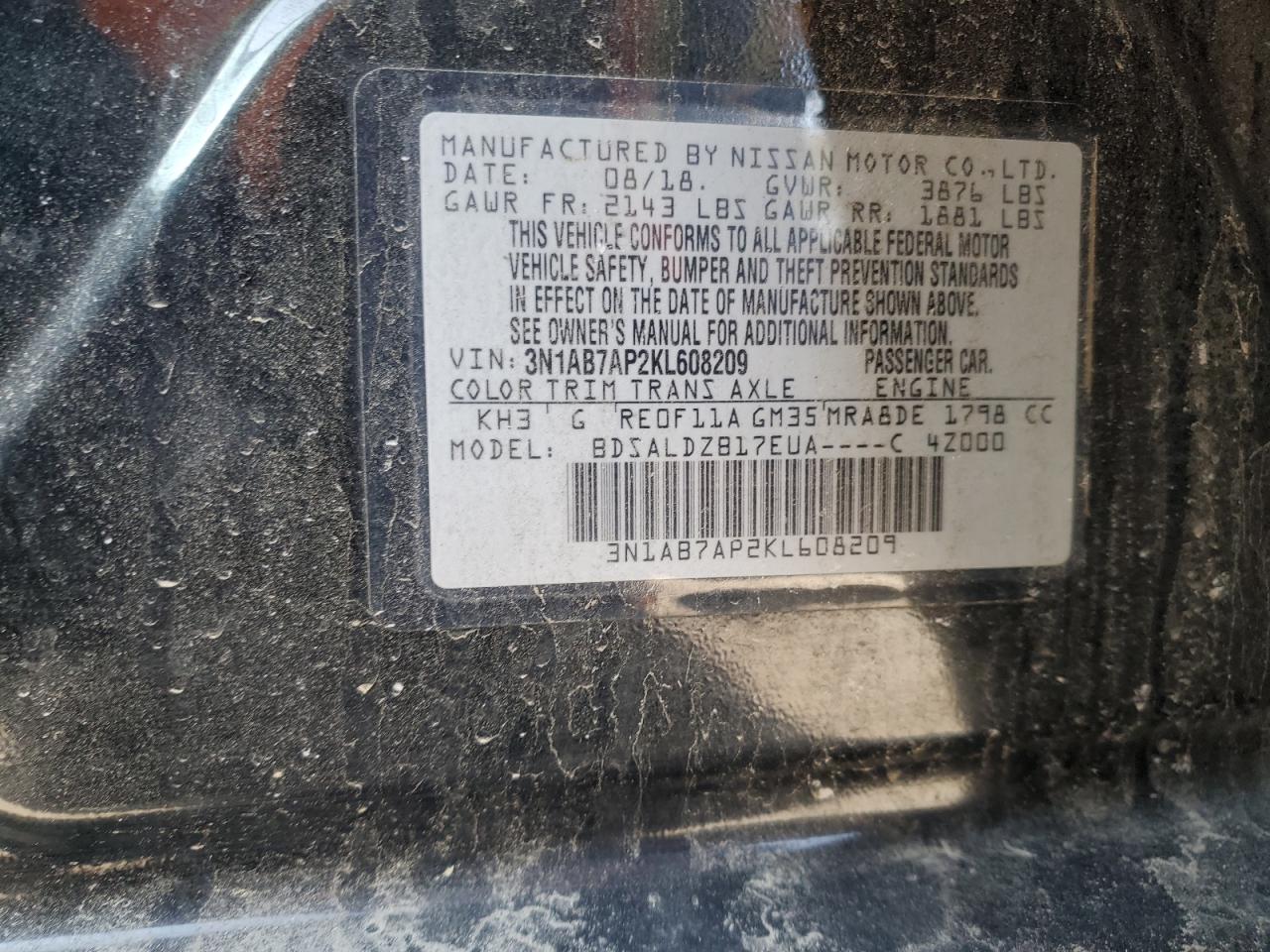 2019 Nissan Sentra VIN 3N1AB7AP2KL608209 Copart auction photo, side / rear end damage thumbnail 14