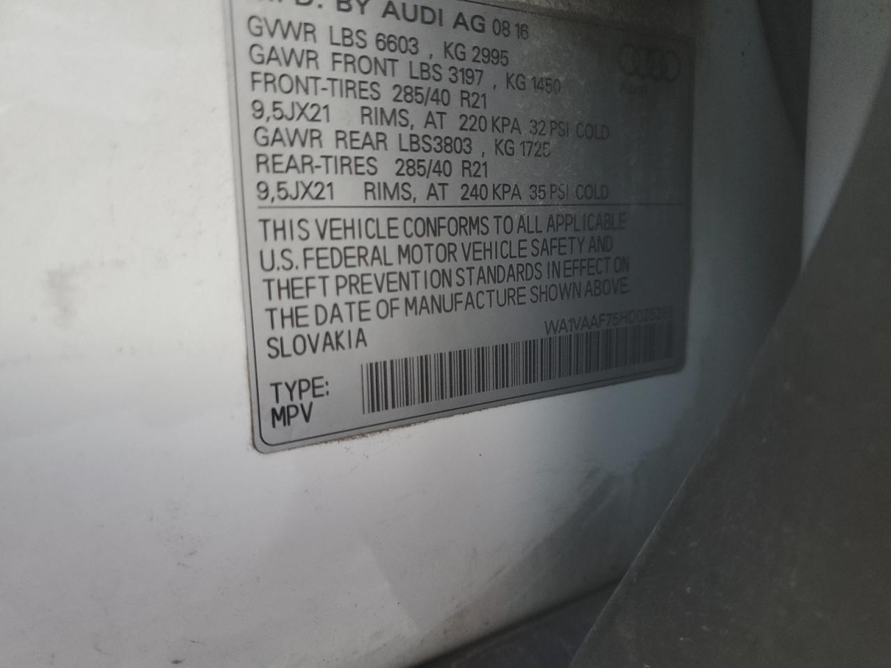 2017 Audi Q7 VIN WA1VAAF75HD025293 Copart auction photo, mechanical damage thumbnail 13