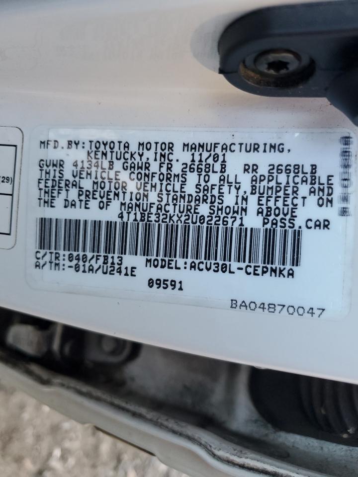 2002 Toyota Camry VIN 4T1BE32KX2U022671 Copart auction photo, side damage thumbnail 12