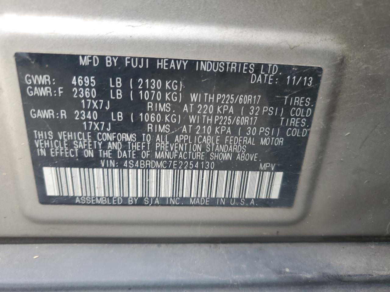 2014 Subaru Outback VIN 4S4BRDMC7E2254130 Copart auction photo, front end damage thumbnail 14