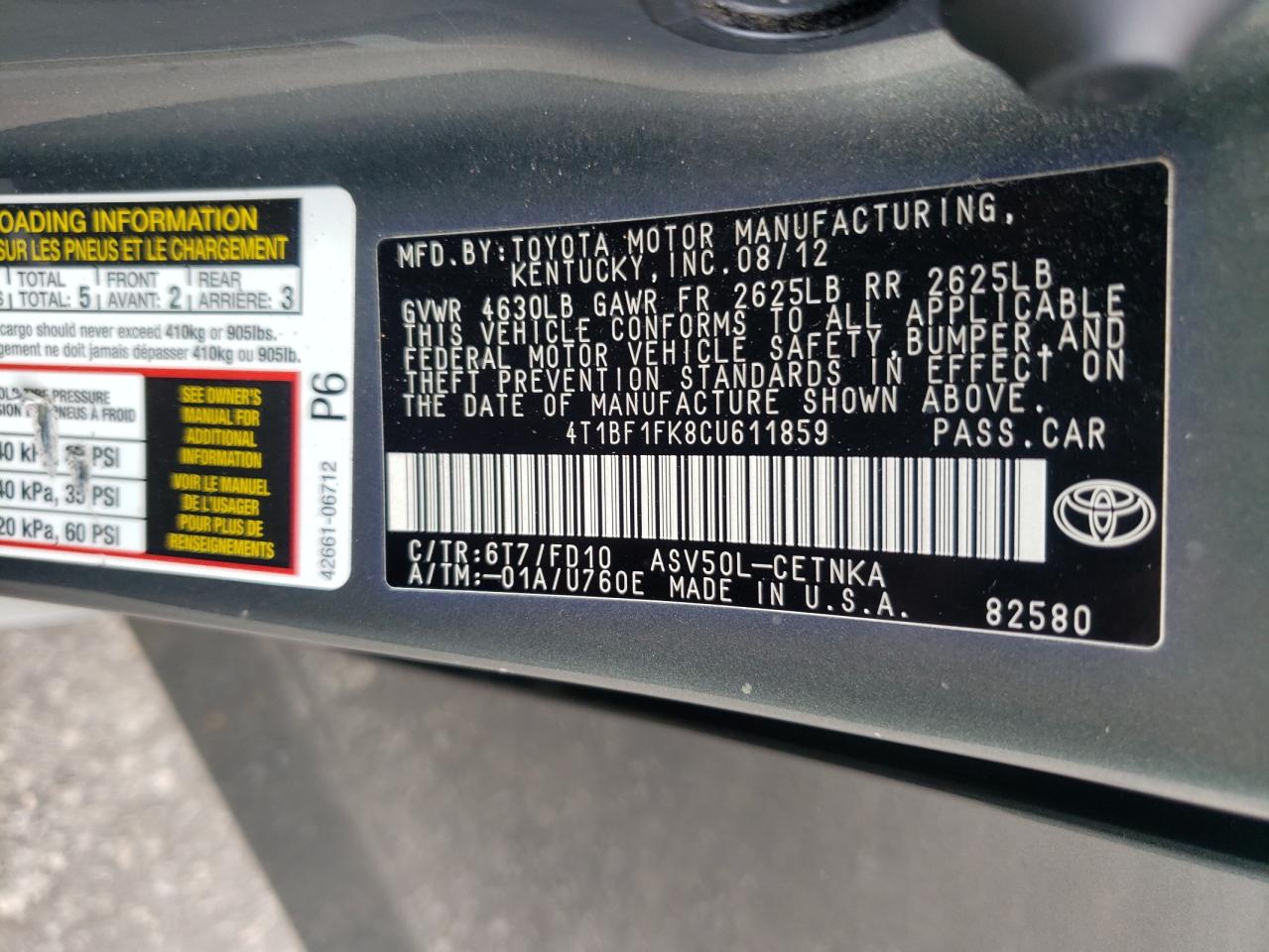 2012 Toyota Camry VIN 4T1BF1FK8CU611859 Copart auction photo, front end damage thumbnail 14