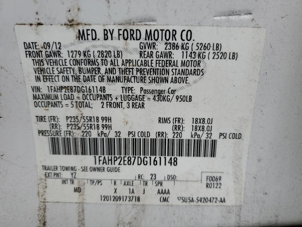 2013 Ford Taurus VIN 1FAHP2E87DG161148 Copart auction photo, front end damage thumbnail 14