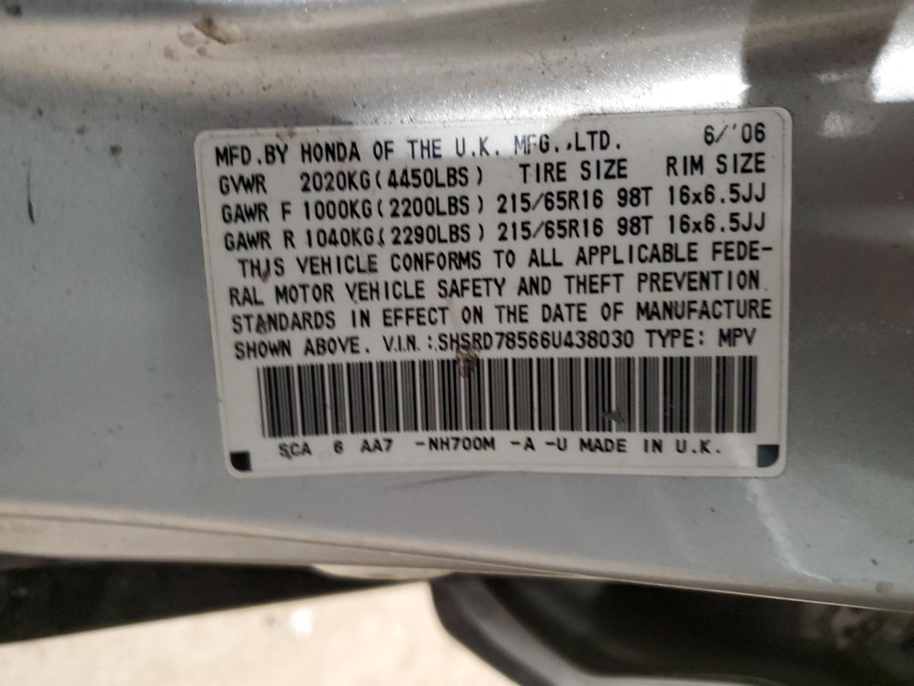 2006 Honda CR-V VIN SHSRD78566U438030 Copart auction photo, rear end / front end damage thumbnail 15