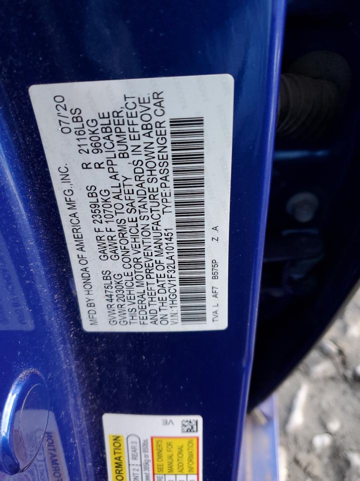 2020 Honda Accord VIN 1HGCV1F32LA101451 Copart auction photo, front end / mechanical damage thumbnail 12