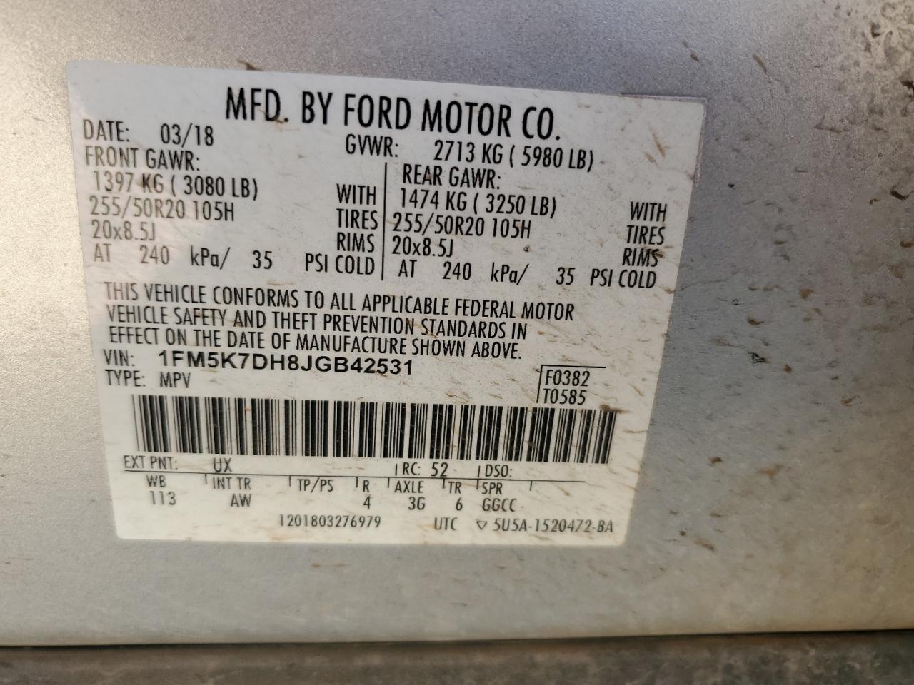 2018 Ford Explorer VIN 1FM5K7DH8JGB42531 Copart auction photo, rear end damage thumbnail 14