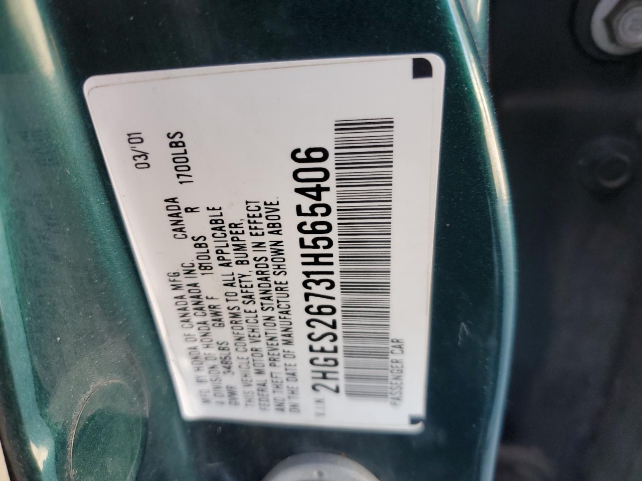 2001 Honda Civic VIN 2HGES26731H565406 Copart auction photo, all over damage thumbnail 13