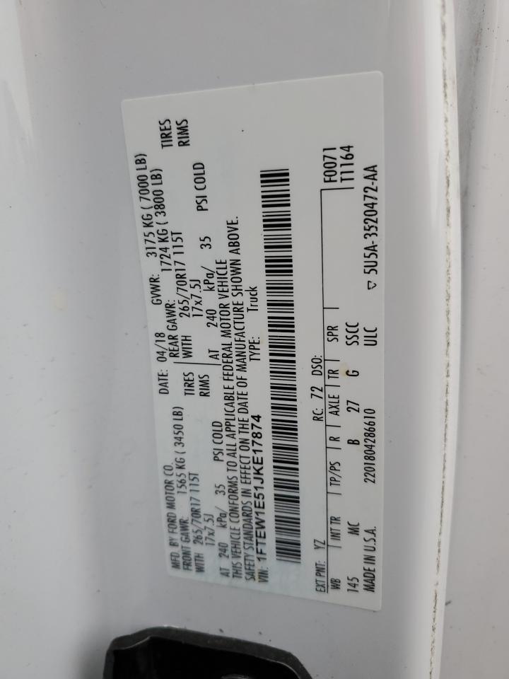 2018 Ford F-150 VIN 1FTEW1E51JKE17874 Copart auction photo, rear end / minor dent/scratches damage thumbnail 12