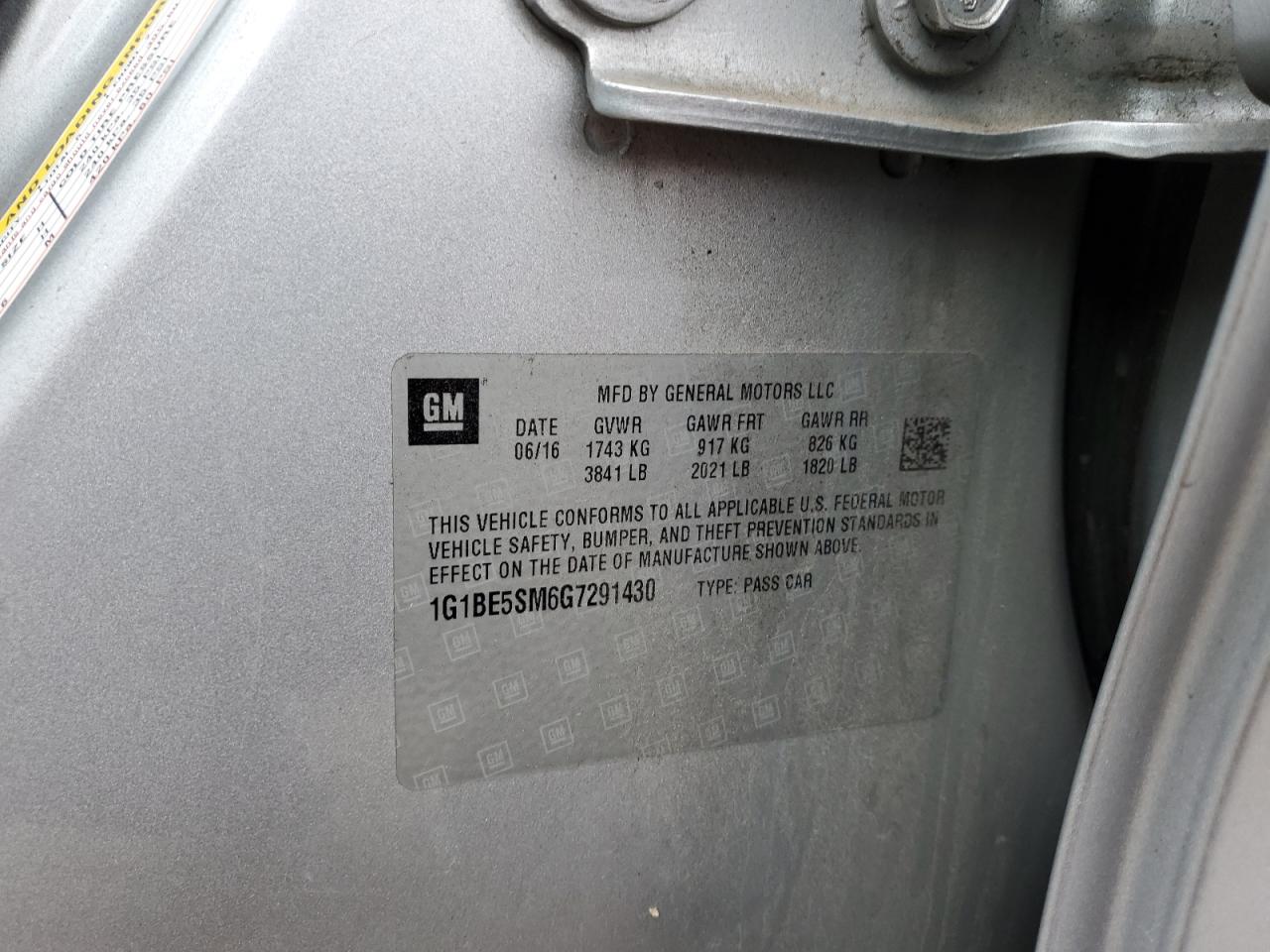 2016 Chevrolet Cruze VIN 1G1BE5SM6G7291430 Copart auction photo, front end / side damage thumbnail 12