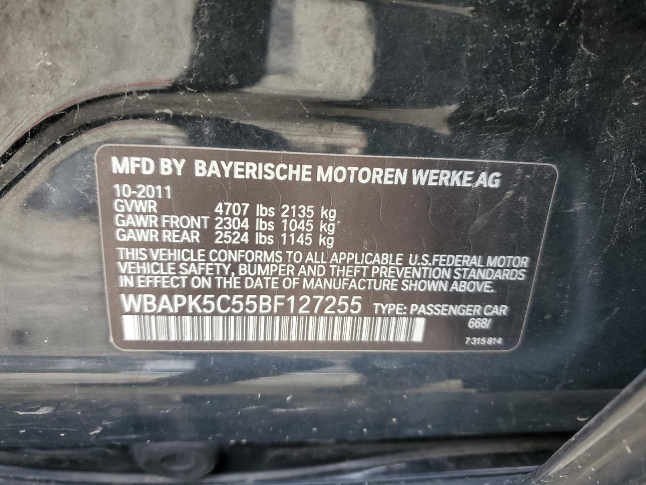 2011 BMW 3er VIN WBAPK5C55BF127255 Copart auction photo, mechanical / front end damage thumbnail 13