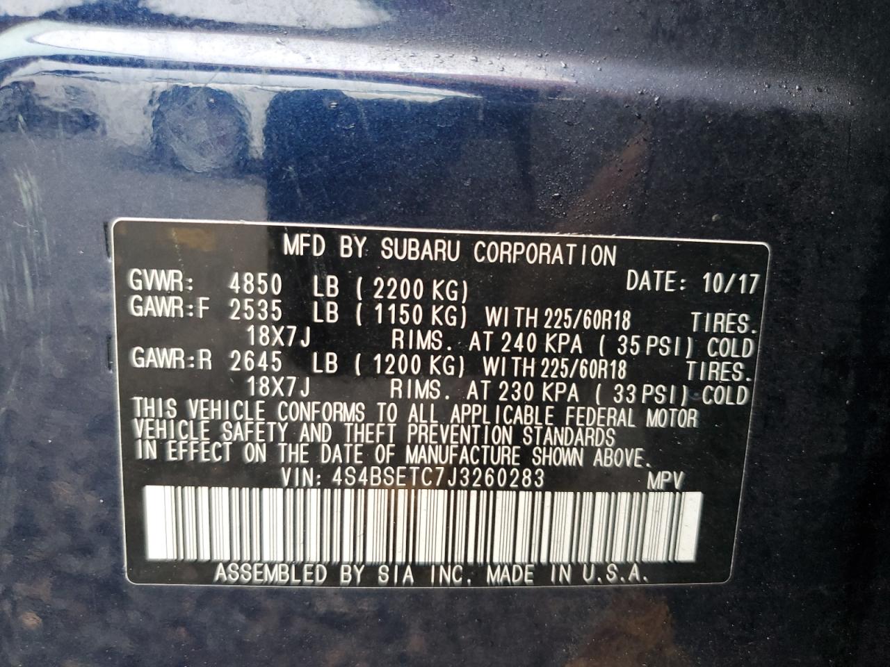 2018 Subaru Outback VIN 4S4BSETC7J3260283 Copart auction photo, water/flood damage thumbnail 13