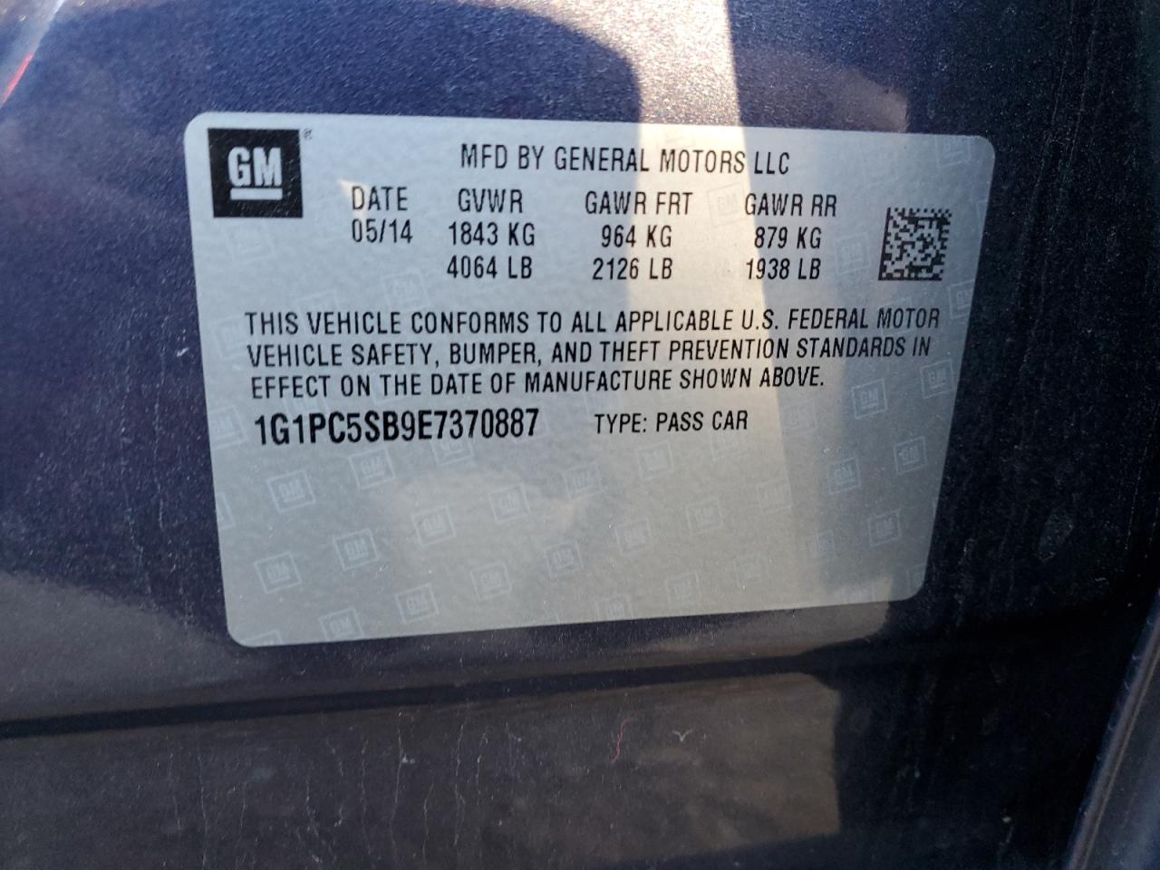 2014 Chevrolet Cruze VIN 1G1PC5SB9E7370887 Copart auction photo, front end / side damage thumbnail 12