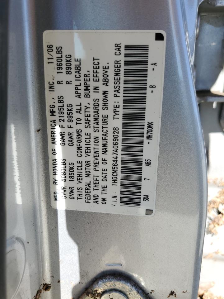 2007 Honda Accord VIN 1HGCM56447A069028 Copart auction photo, water/flood damage thumbnail 13