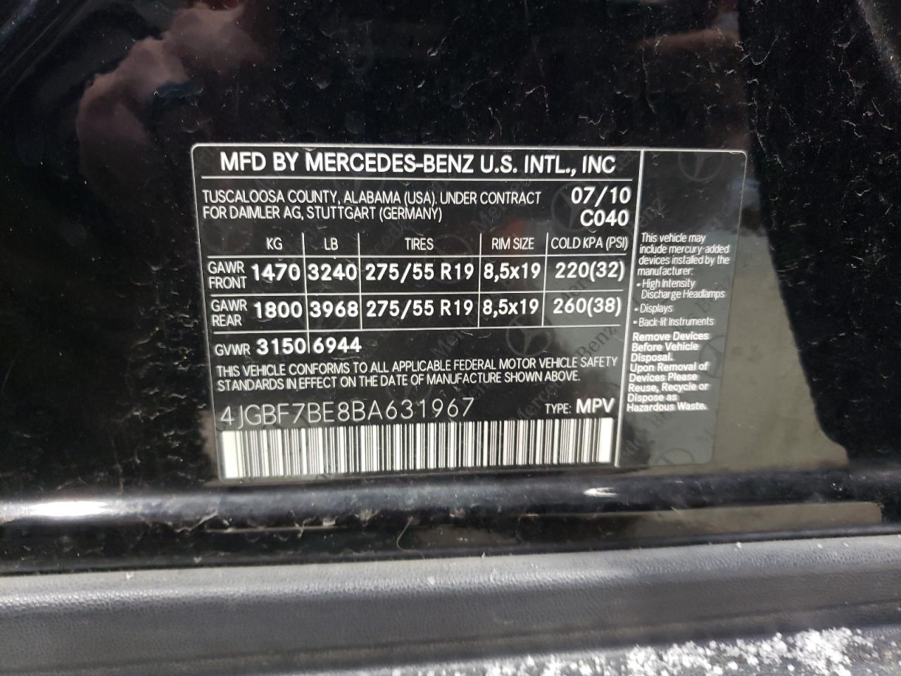 2011 Mercedes-Benz GL-klasse VIN 4JGBF7BE8BA631967 Copart auction photo, rear end / minor dent/scratches damage thumbnail 13