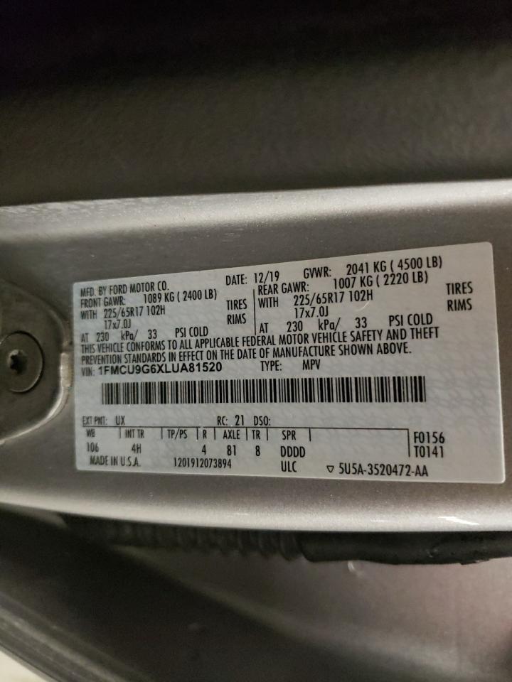 2020 Ford Escape VIN 1FMCU9G6XLUA81520 Copart auction photo, side damage thumbnail 13