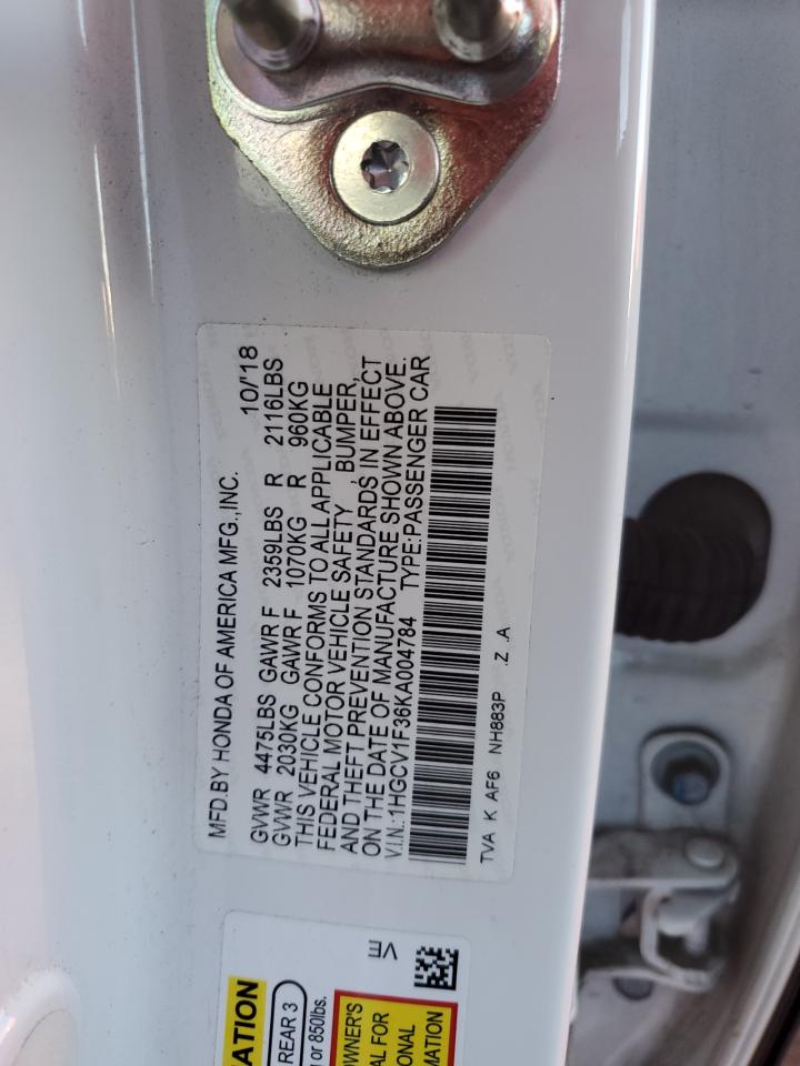 2019 Honda Accord VIN 1HGCV1F36KA004784 Copart auction photo, front end damage thumbnail 12
