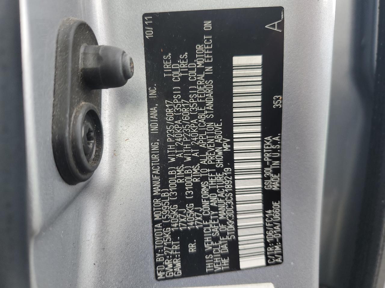 2012 Toyota Sienna VIN 5TDKK3DC3CS189219 Copart auction photo, rear end / side damage thumbnail 13