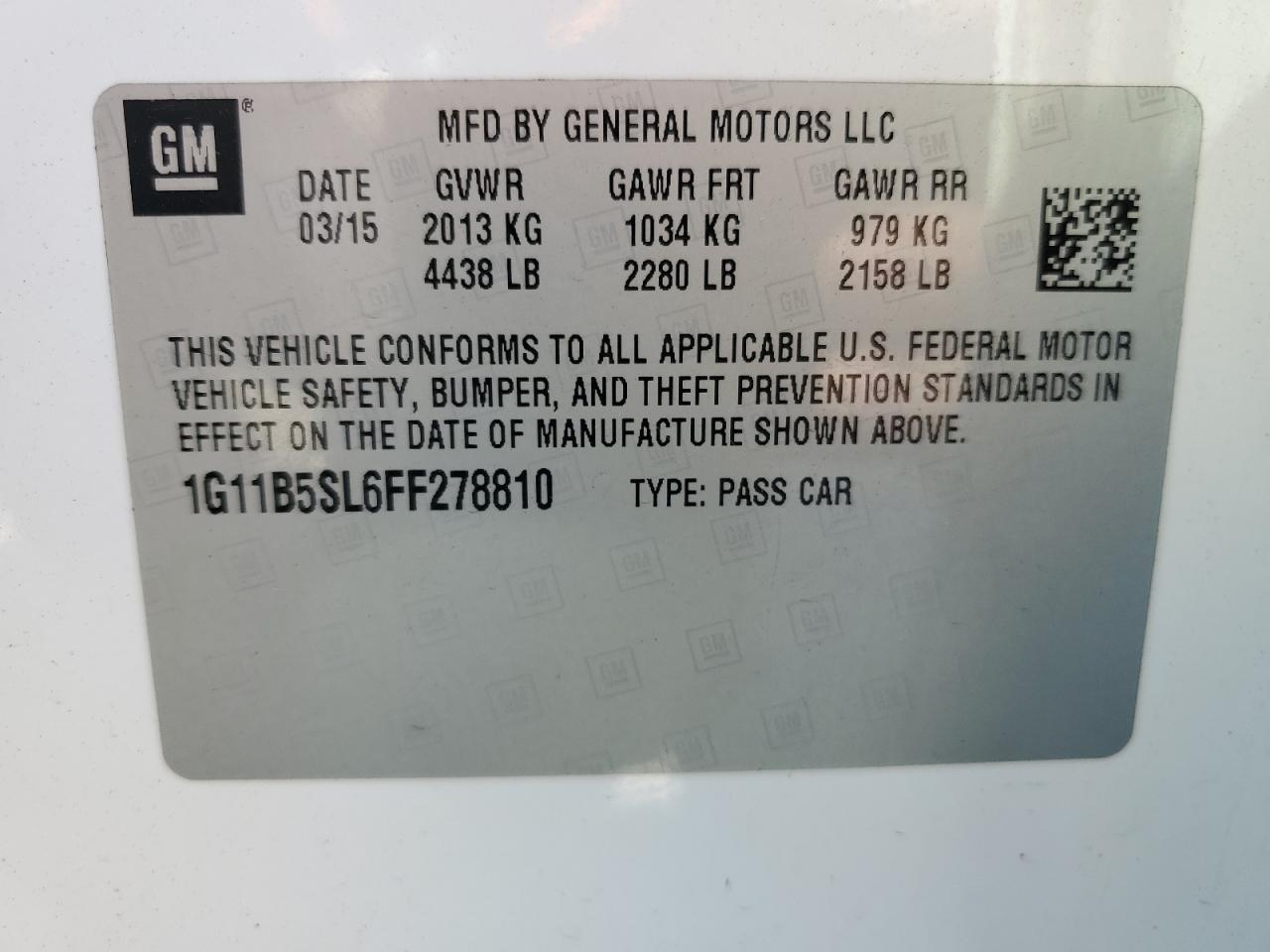 2015 Chevrolet Malibu VIN 1G11B5SL6FF278810 Copart auction photo, rear end damage thumbnail 15