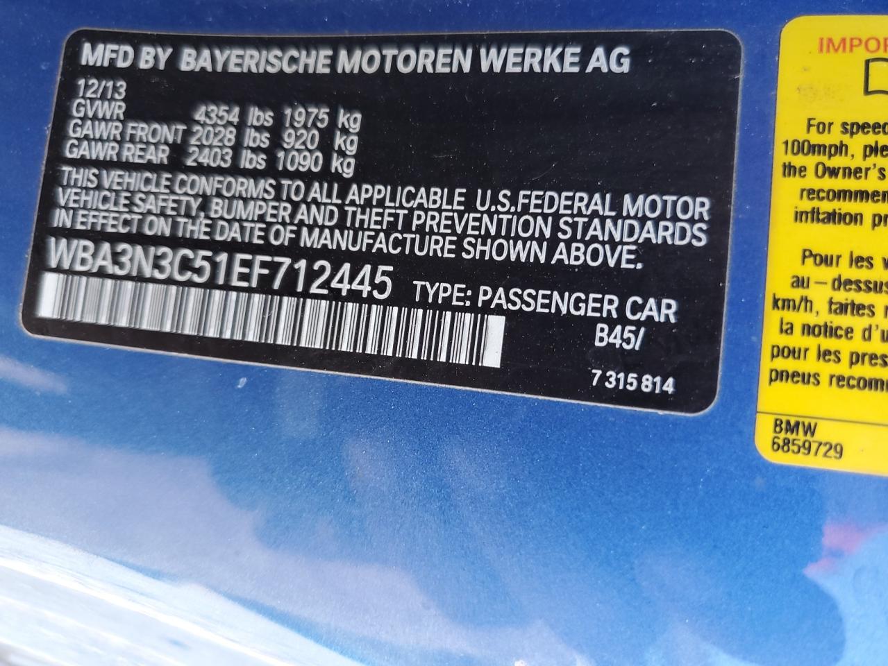 2014 BMW 4er VIN WBA3N3C51EF712445 Copart auction photo, front end damage thumbnail 14