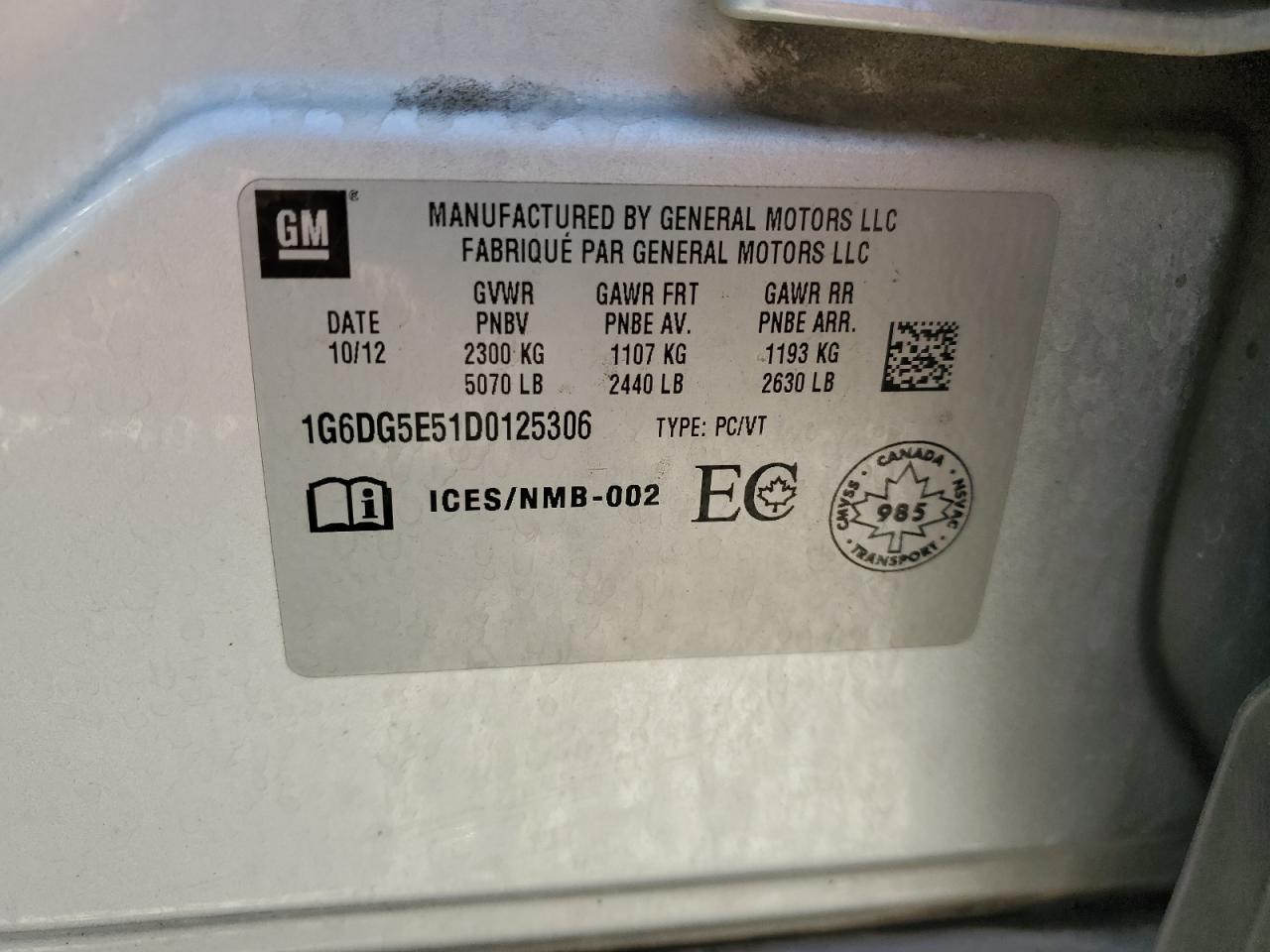 2013 Cadillac CTS VIN 1G6DG5E51D0125306 Copart auction photo, rear end damage thumbnail 13