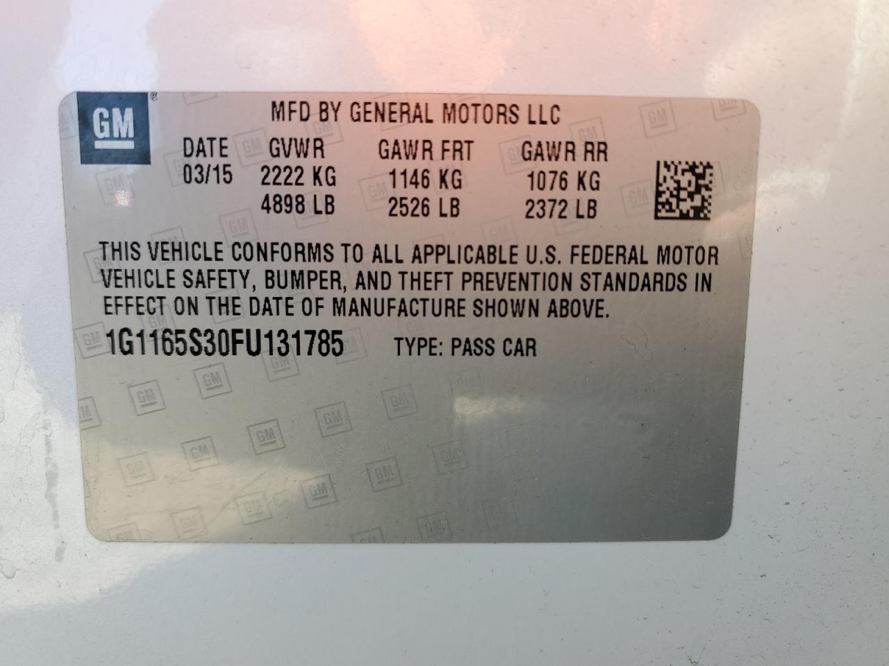 2015 Chevrolet Impala VIN 1G1165S30FU131785 Copart auction photo, front end / side damage thumbnail 13