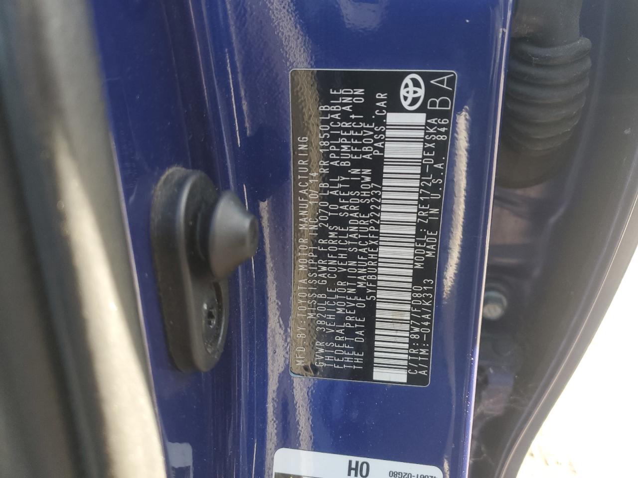 2015 Toyota Corolla VIN 5YFBURHEXFP222237 Copart auction photo, side damage thumbnail 12