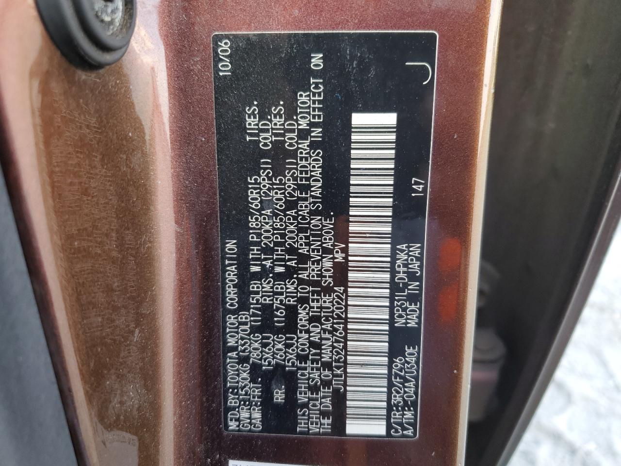 2006 Toyota xB VIN JTLKT324764120224 Copart auction photo, rear end / minor dent/scratches damage thumbnail 13