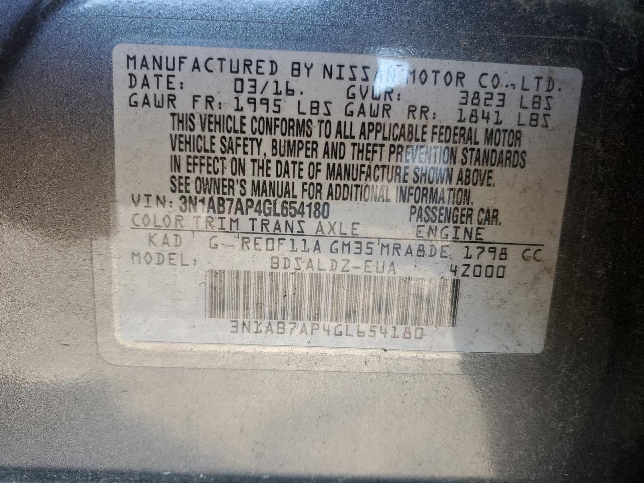 2016 Nissan Sentra VIN 3N1AB7AP4GL654180 Copart auction photo, front end / minor dent/scratches damage thumbnail 13