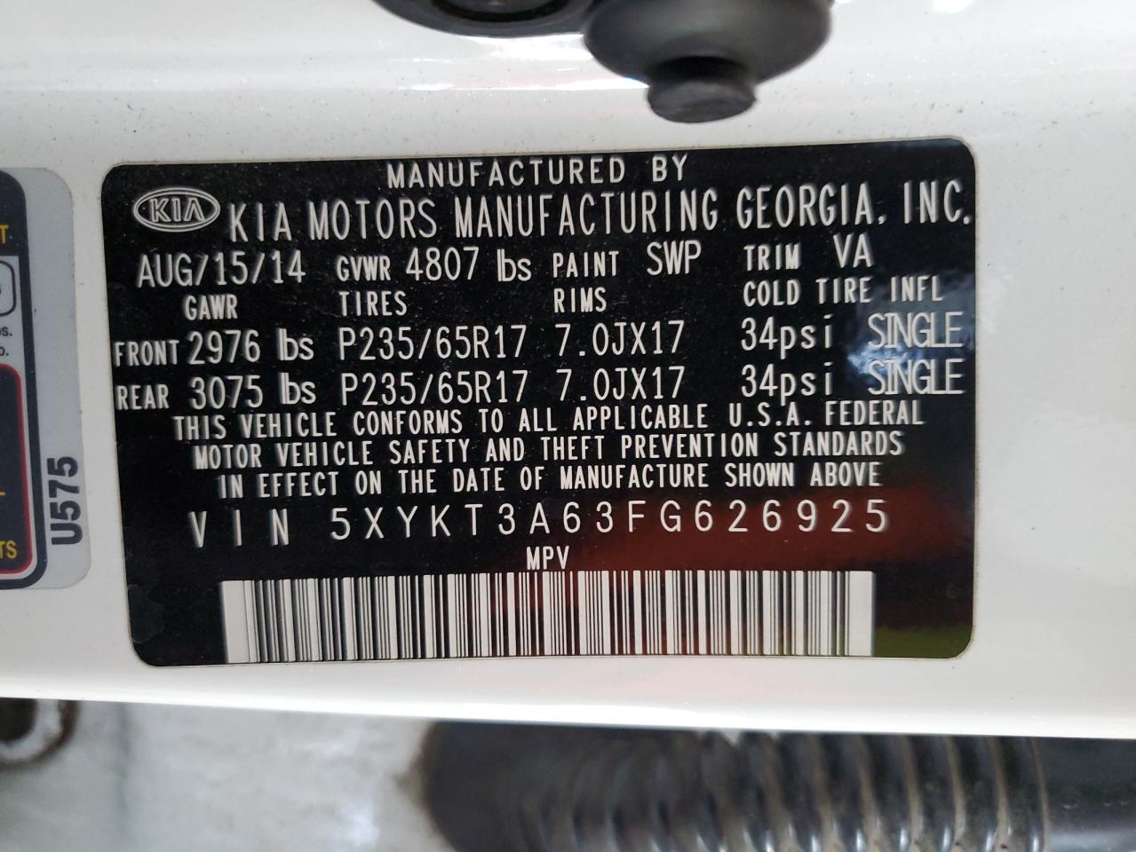 2015 KIA Sorento VIN 5XYKT3A63FG626925 Copart auction photo, front end damage thumbnail 14