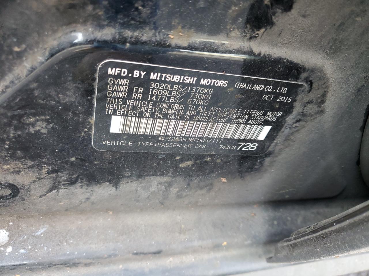 2015 Mitsubishi Mirage VIN ML32A3HJ6FH057112 Copart auction photo, rear end damage thumbnail 13